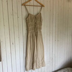 Beige Ruched Midi Dress with Tie Front - Women